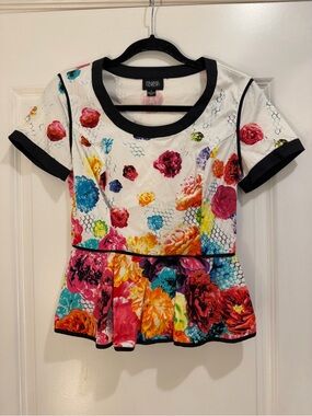 SIZE 4 | Prabal Gurung for Target Multicolor Floral Peplum Top with Black Trim
